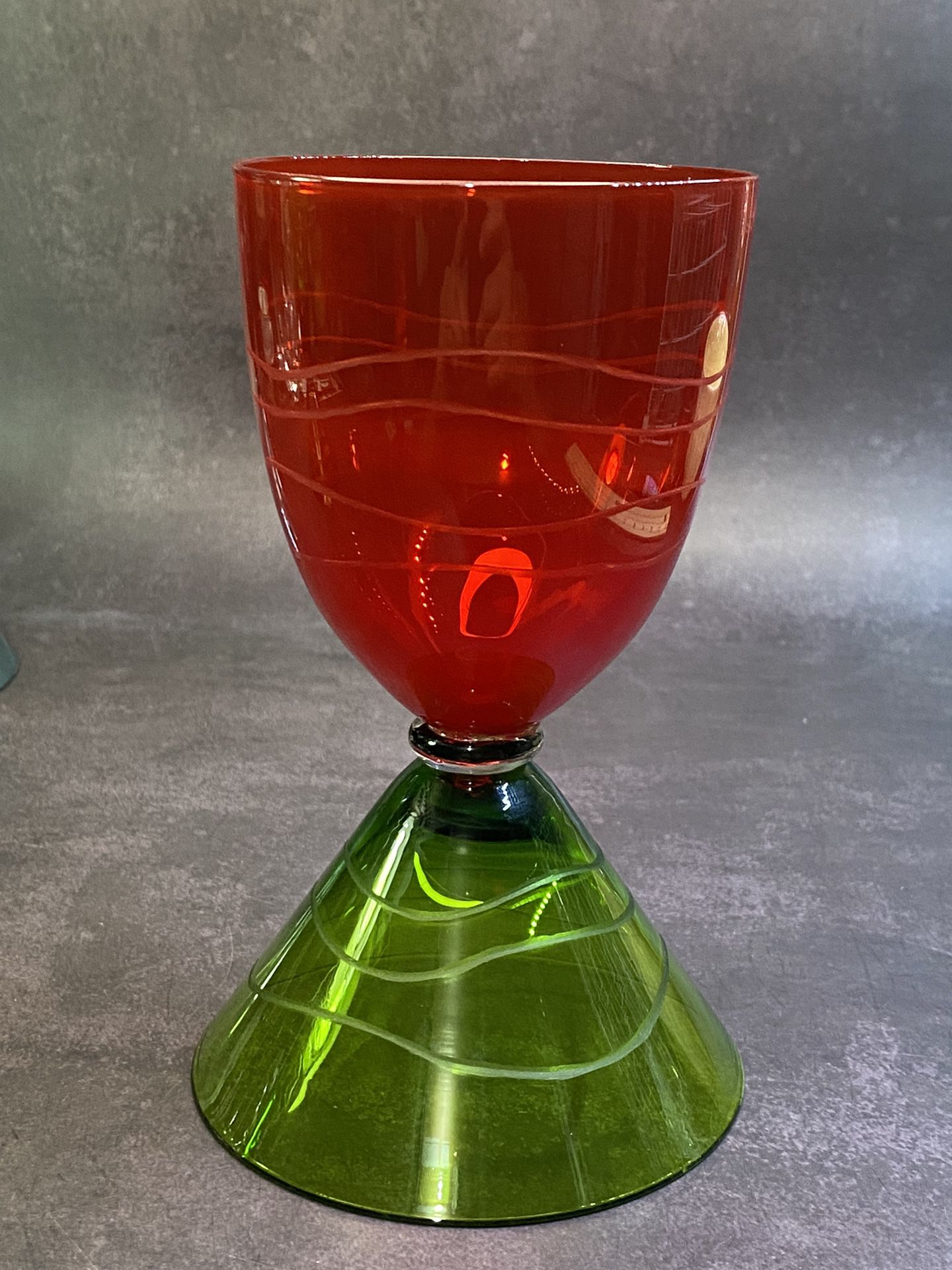 Set of (3) Vintage, Jewel Colored, Double Sided Martini/Wine Glasses, Etched Mid Century Cocktail Art Glass. 