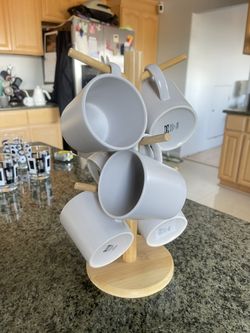 Bamboo coffee mug holder tree with Grayish Color mug set of 6, hacienda heights pick up
