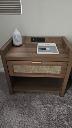 2 Wood Nightstand with Rattan Drawer and USB Outlet