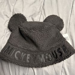 Disney Mickey Mouse Ears Sherpa Fuzzy Winter Bucket Hat Black *New*