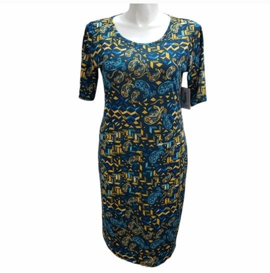 LulaRoe 2XL Blue Yellow Gold Geometric Paisley Julia Dress