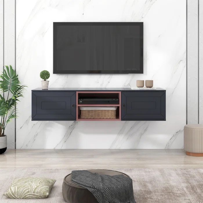 Black Modern Wall Mounted TV Stand Fits TV's up to 65 in. 3-Levels Adjustable Shelves and Magnetic Cabinet Door