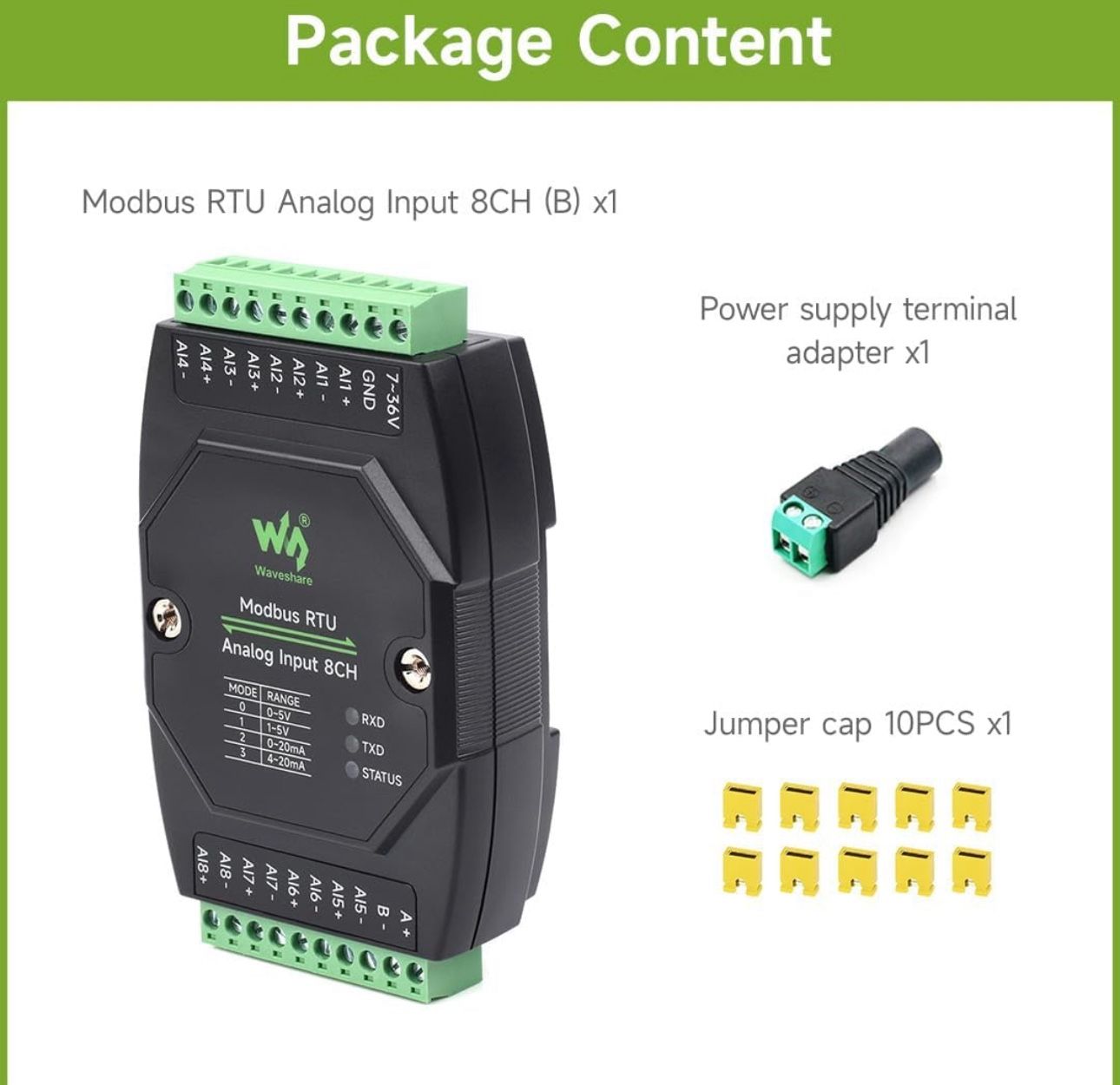 Waveshare Industrial 8-Ch Analog Acquisition Module, 12-Bit High-Precision, Supports Voltage and Current Acquisition, DC 7~36V Wide Voltage Power Supp