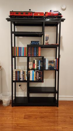 8-Tier Staggered Open Bookshelf, Industrial Wood & Metal Tall Bookcase