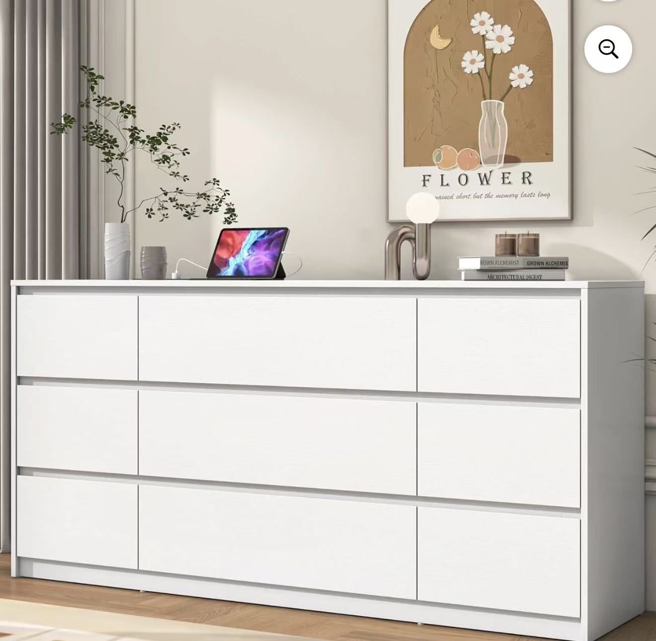 White 9-Drawer Dresser with Charging Station, 63" Long Modern $150 