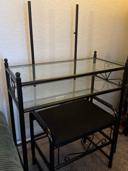 Glass Top Vanity Desk with Stool and Mirror