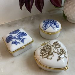 Small Vintage Hand Painted Porcelain Floral Gold Trim Metal Trinket Pill Box