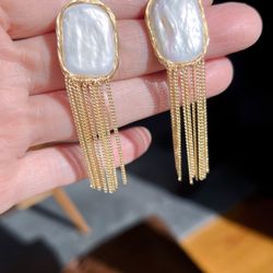 Natural White Baroque Tassel Earrings – 18K Gold Filled Silver