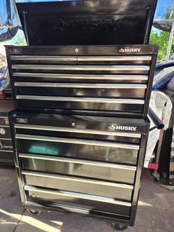 Husky 2 pieces tool box bottom one is 361/2 wideX16 deep and 36 tall top one is 36 wide X19 tall and 12 deep  one key