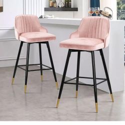 Bar Stools Set Of 2, Pink, Modern Velvet Upholstered Island Stools