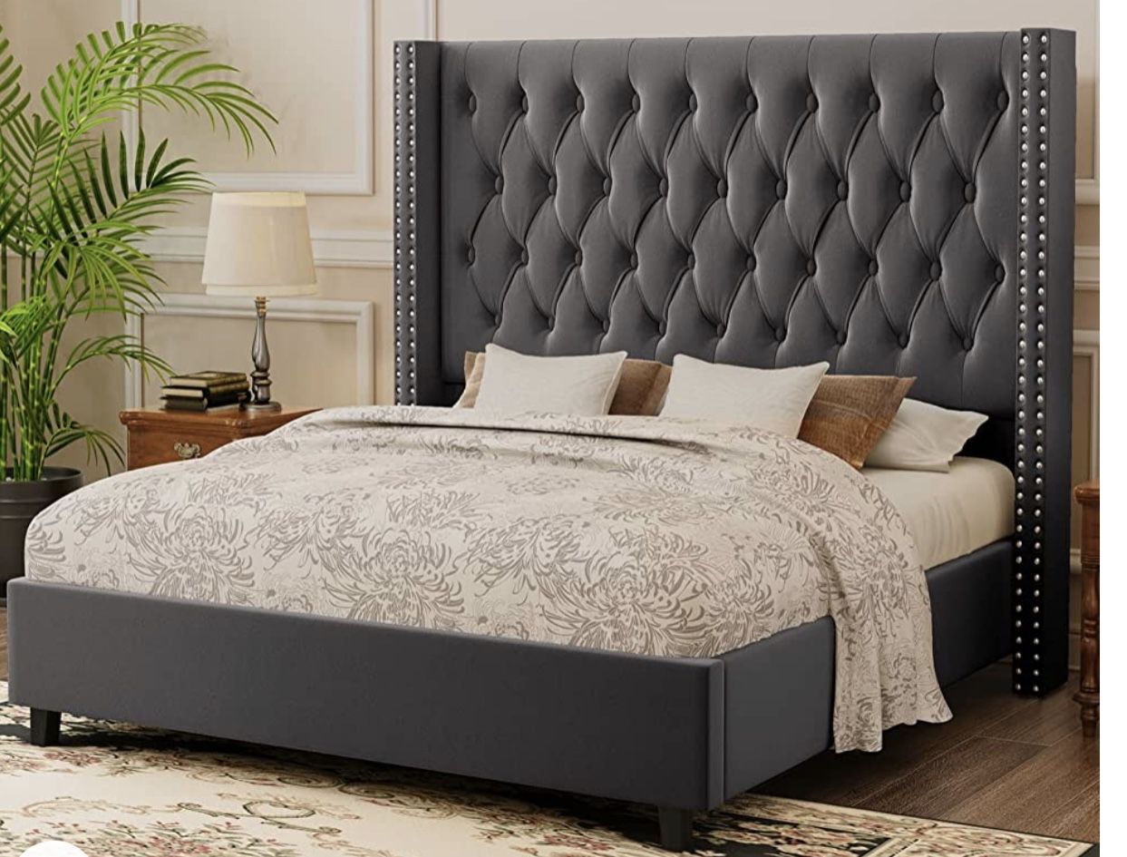 Queen Velvet Upholstered Bed Frame-NEW