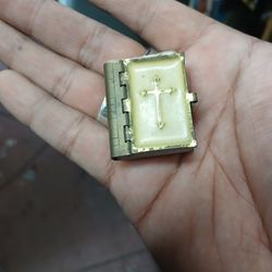 Tiny White Enamel Gold Holy Bible Miniature Actual Print Keychain Travel Vintage