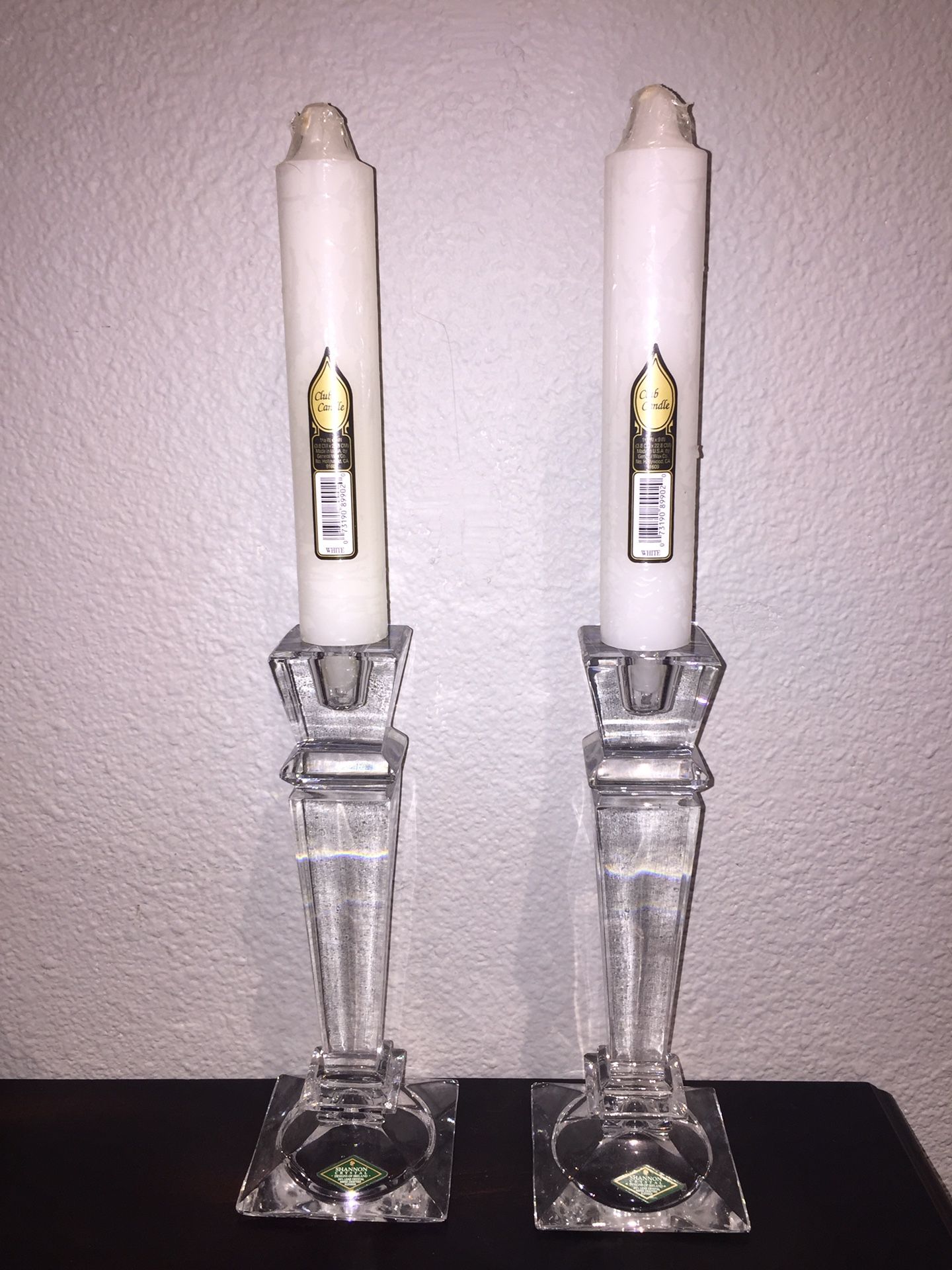 Set 2 Clear Crystal Pedestal Pillar (2” or 3”) or Taper 3/4” Candle Holder 10” tall by Shannon Design of Ireland