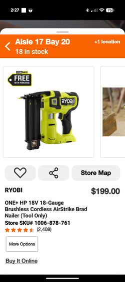 RYOBI ONE+ HP 18V 18-Gauge Brushless Cordless AirStrike Brad Nailer (Tool Only)