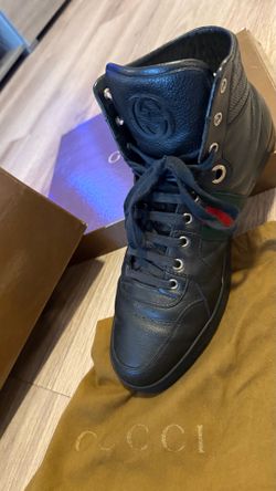 Gucci Men’s Black Leather High-Top Sneaker with Green and Red Web
