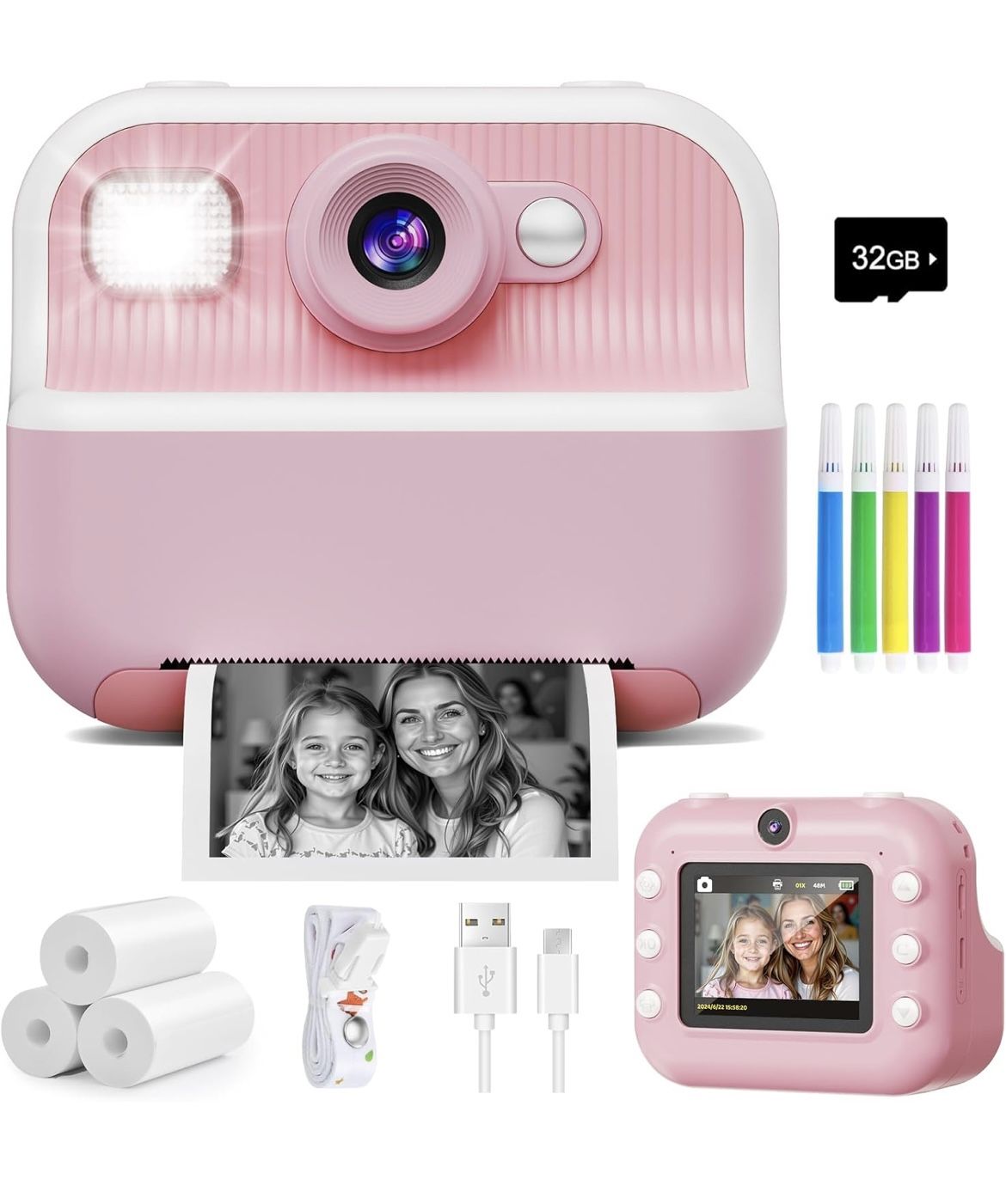 🎁Brand New Instant Camera, Front Rear Dual Selfie Kids Camera with 1080P Videos