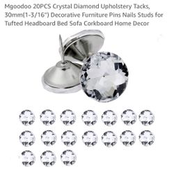 20PCS Crystal Diamond Upholstery Tacks, 30mm(1-3/16") Decorative Furniture Pins Nails Studs for Tufted Headboard Bed Sofa Corkboard Home Decor