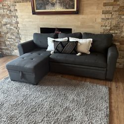FREE DELIVERY- Grey Sectional Sofa W Storage Chaise and Pullout Sleeper Bed