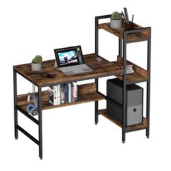 Reversible Computer Desk with Storage Shelves - Rustic Brown
