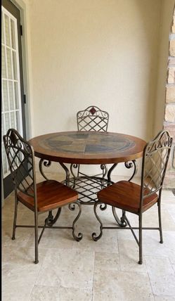 Round Wood & Tile Top Dining Table with 3 Wrought Iron Chairs