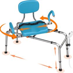 Sliding Shower Chair Tub Transfer Bench with Swivel Seat, 450lbs Shower Chair for Elderly and Disabled, Adjustable Height and Arms Width Bath Transfer