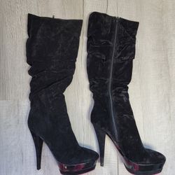 Women's Black Velvet Heeled Boots