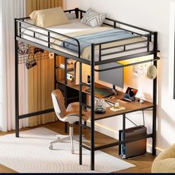 Twin Metal Loft Bed with L Shaped Desk No Mattress Loft Bed Frame Charging Station, Storage Bed  & Open Shelf, Safety Guard & Ladder Desk Under 