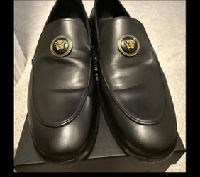 Versace Black Leather Loafers w/ Gold Medusa – Size 10 + Original Box