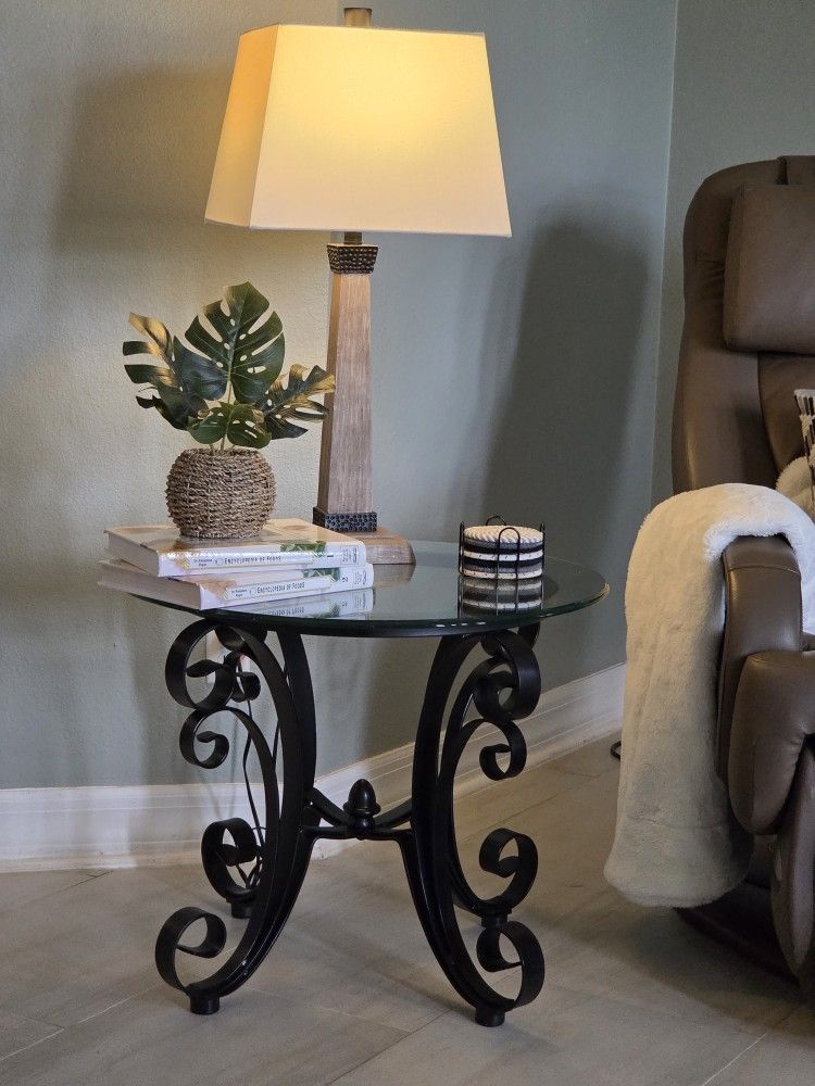 ✨ Elegant Glass & Wrought Iron End Tables – Matching Pair