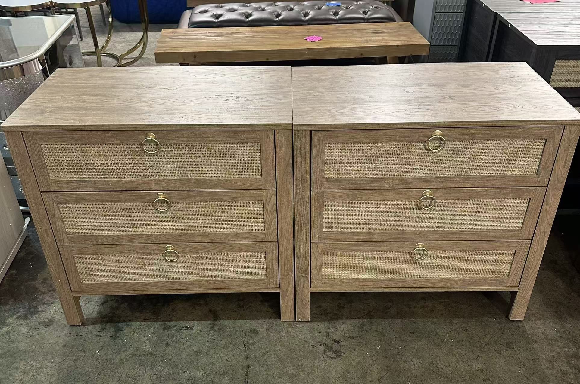 New assembled Nightstand Set 2 with Drawers - Large Rattan Bedside Table with Golden Handle, 3 Drawers Night Stand Tall End Table 26.78" Wide Side Tab