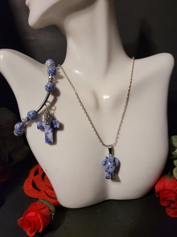 Sodalite Rosary Bracelet And Angel Charm Necklace Set