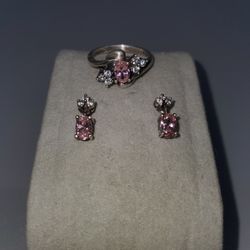 Sterling Silver Ring And Earrings Set. Pink Topaz And Cubic Zirconia