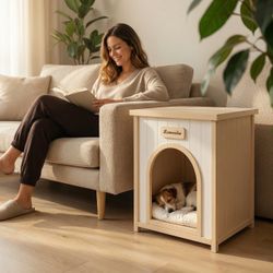 Modern Indoor Wooden Dog House with Removable Cushion – Solid Cedar Pet House