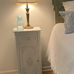 Two For 35.00 Night Stands/ Pair Of Ornate Bedroom Tables Painted White Drawer And Shelf Storage