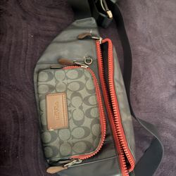 Coach Sling Bag / Crossbody – Black Signature Canvas w/ Red Zippers 