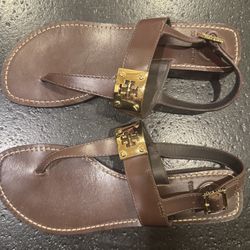 Tory Burch Kelsey Vintage Calf Sandal Wood Brown Size 8