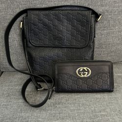 Gucci Guccissima Signature Black Leather Messenger Crossbody Bag & Long Wallet