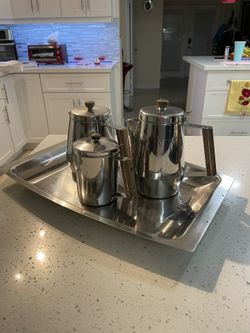 60s Lucky Wood Bon Aloi Stainless Steel & Wood Coffee Set- 4 Pieces