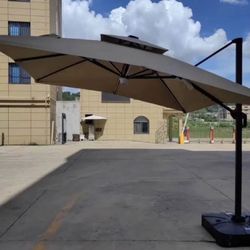 Heavy Duty 10 Foot Round Brown Offset Umbrella 360 Rotation Aluminum  w/ Weighted Base