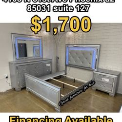 4 PCs Queen Size Led Bedroom Set Include Bed Frame Dresser Mirror And 1 Nightstand Brand New