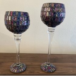 Vintage Tall Mosaic Purple Glass Stem Clear Candle Holder 15.75" 13.5" Set Of 2