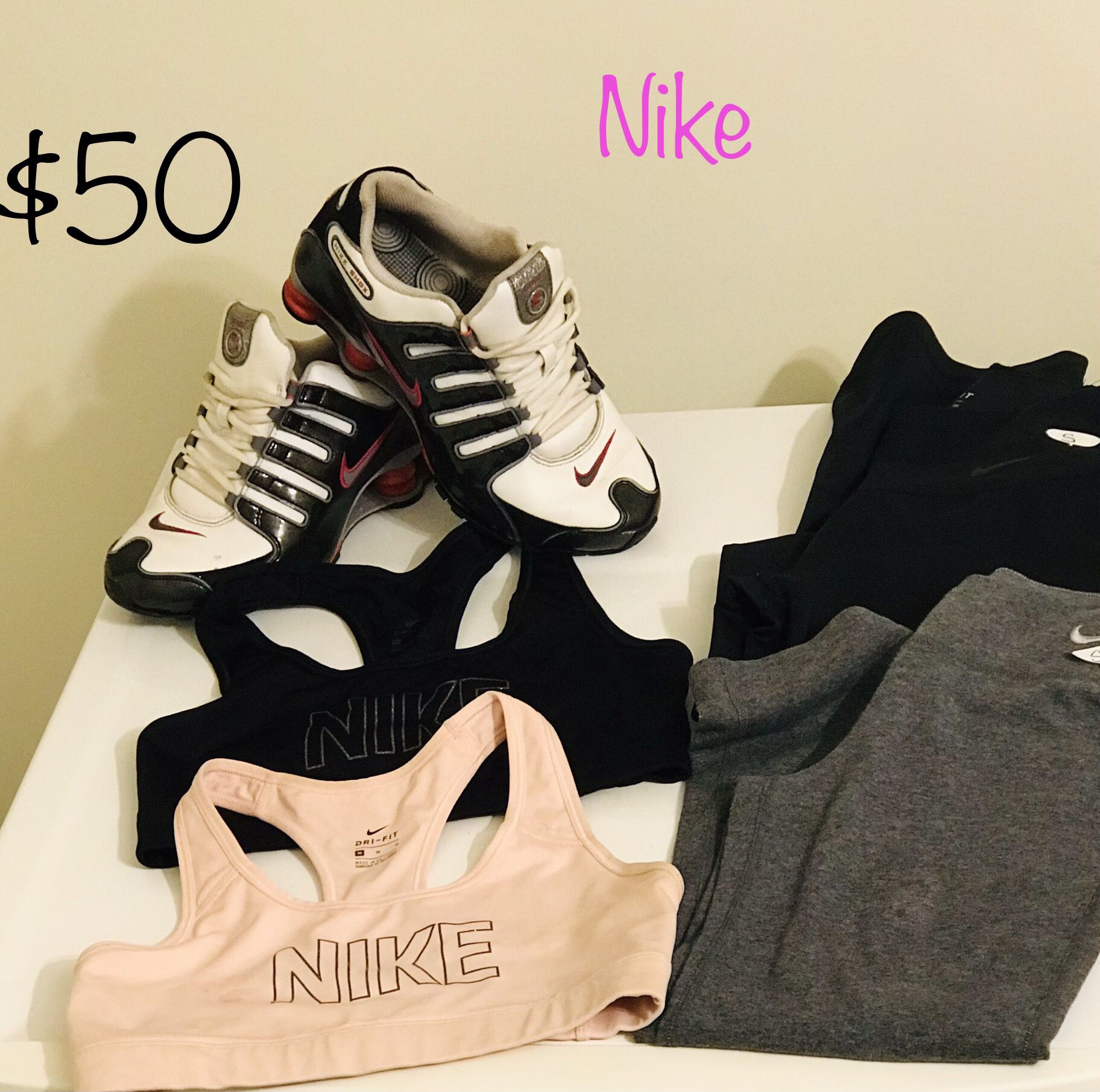 Nike 4 Items For 50$   : /  Shox (8), 2-Sports Bras(m)/, 2-Pants(S), 1Hoodie(m)