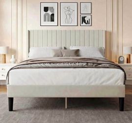 Platform Bed with Tufted Headboard, Queen, Beige