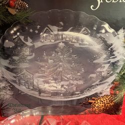 1992 VTG Christmas Village Frosted Platter by Crystal Clear Studios 13”