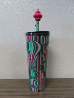 Green Pink Holiday 2024 Starbucks Tumbler with Straw and Straw Topper 24oz