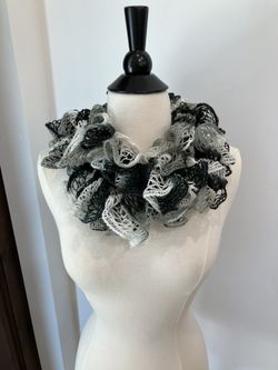 New Elegant hand knitted Multi colored Ruffled Scarf silver accents crochet