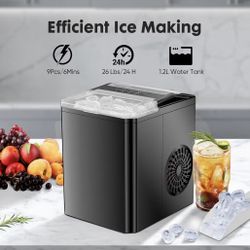 Sweetcrispy Countertop Ice Maker, Portable Ice Machine Self-Cleaning, 9 Cubes in 6 Mins, 26 lbs/24Hrs, 2 Sizes of Bullet Ice for Home Party Office