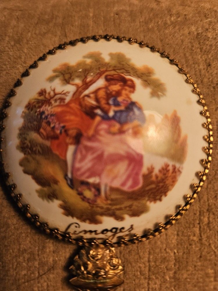 Vtg. Limoges Hand Mirror W. Fragonard Painting On Porcelain