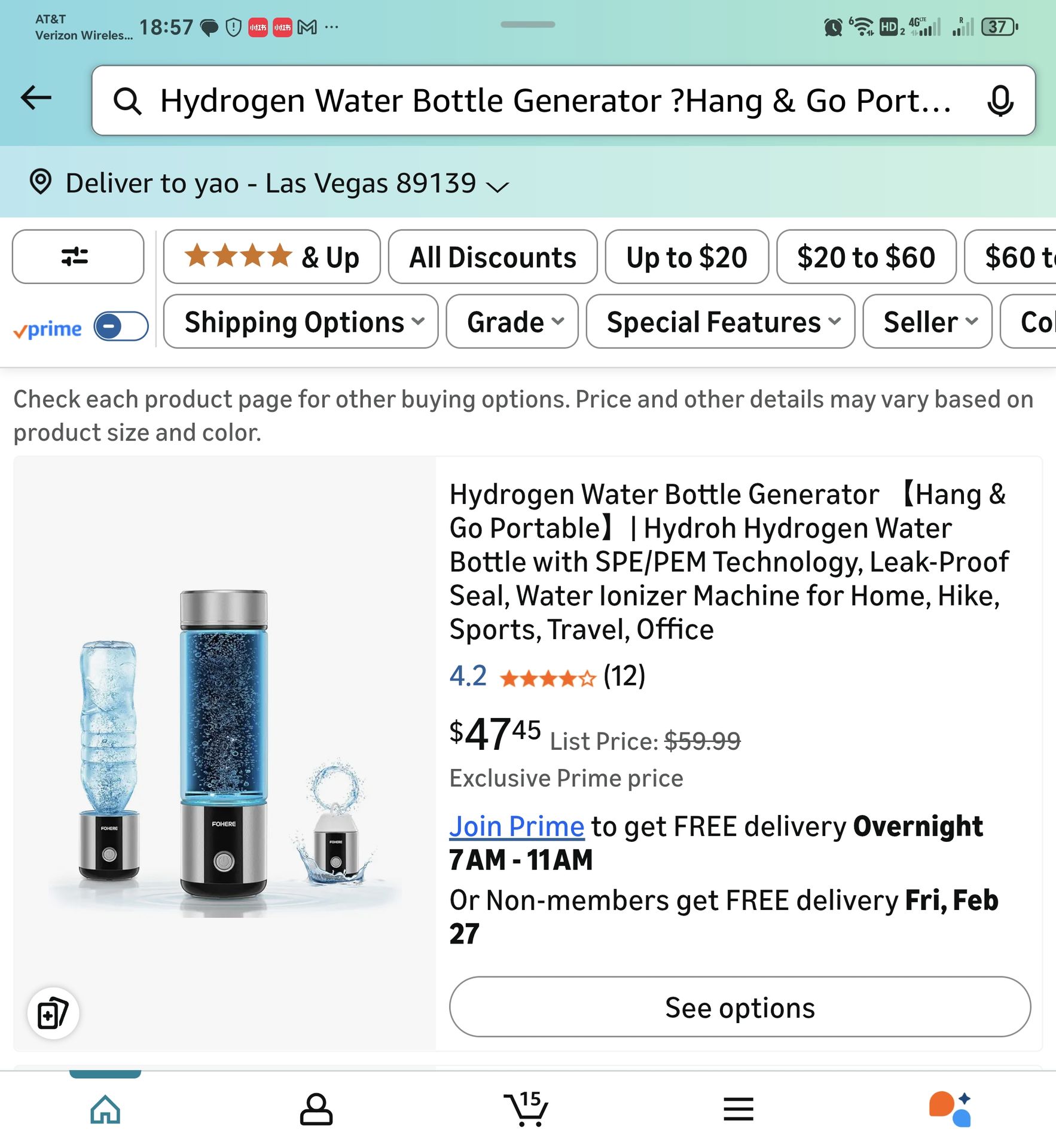 Hydrogen Water Bottle Generator ?Hang & Go Portable?| Hydroh Hydrogen Water Bottle with SPE/PEM Technology, Leak-Proof Seal, Water Ionizer Machine for
