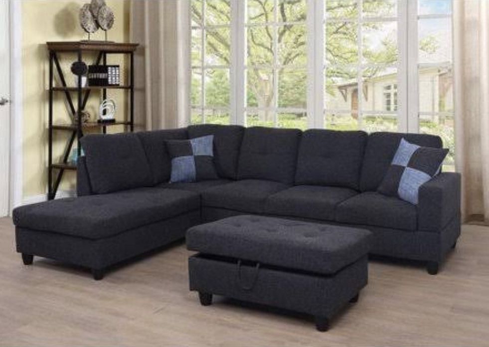 New Black Grey linen Sectional Sofa W/ Free Ottoman And Pillows New In Original Boxes